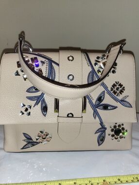 henri bendel Beige Satchel with Blue Floral Embroidery & Crystal Accents